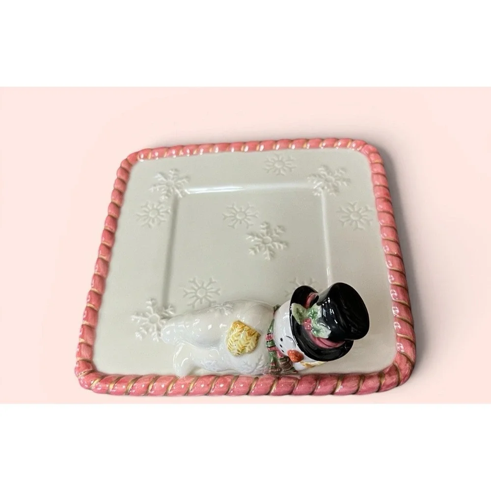 Fitz & Floyd Frosty Folks Snowman Candy Dish Trinket Tray Snowflakes‎ Candy Cane
